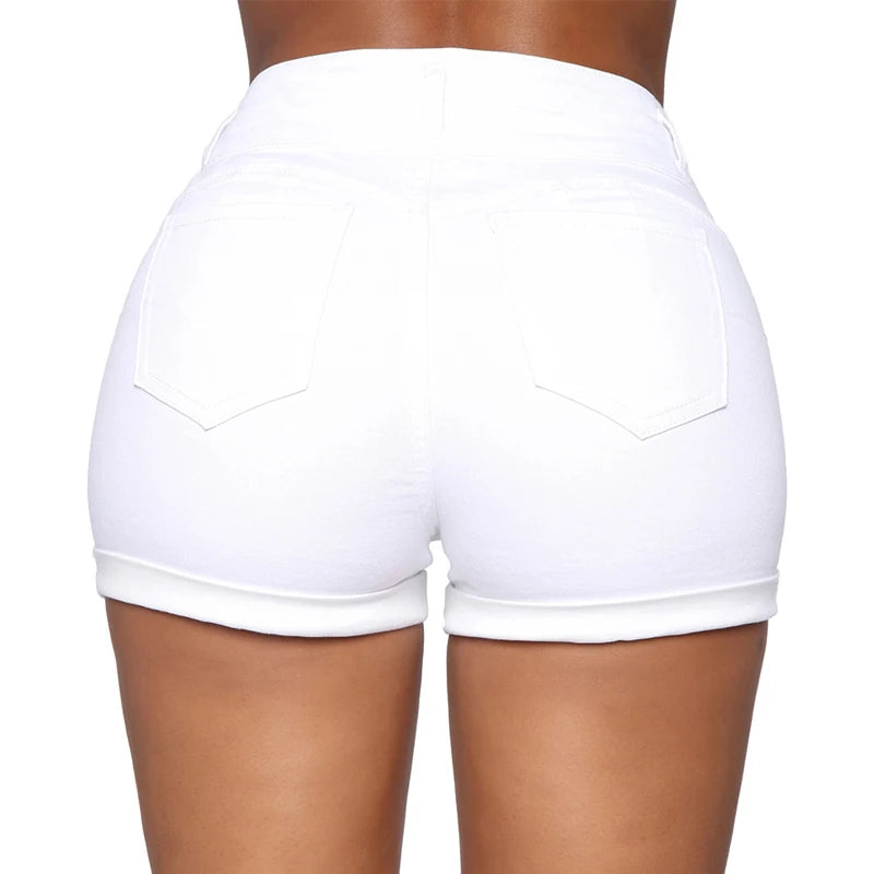 Women's Cotton Stretchy High Waist Cuffed Jean Shorts in White and Black