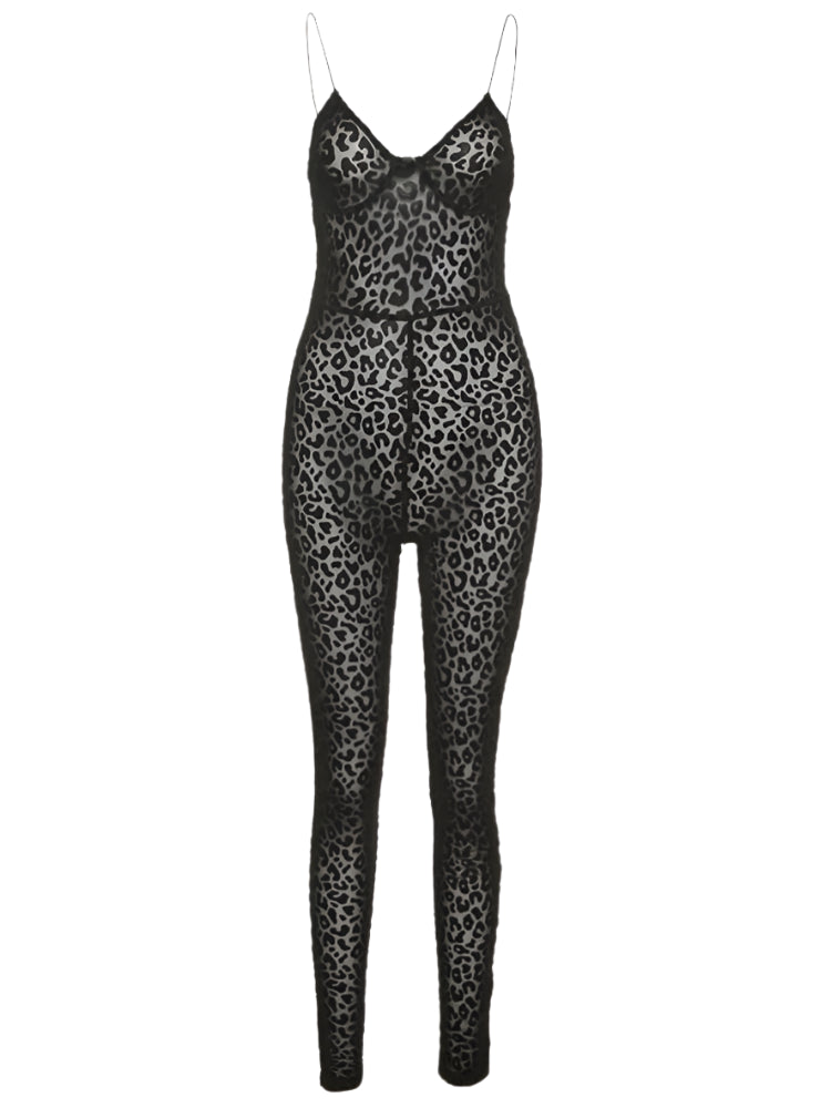 Leopard Print Skinny Women Jumpsuit Sleeveless Backless Outfit