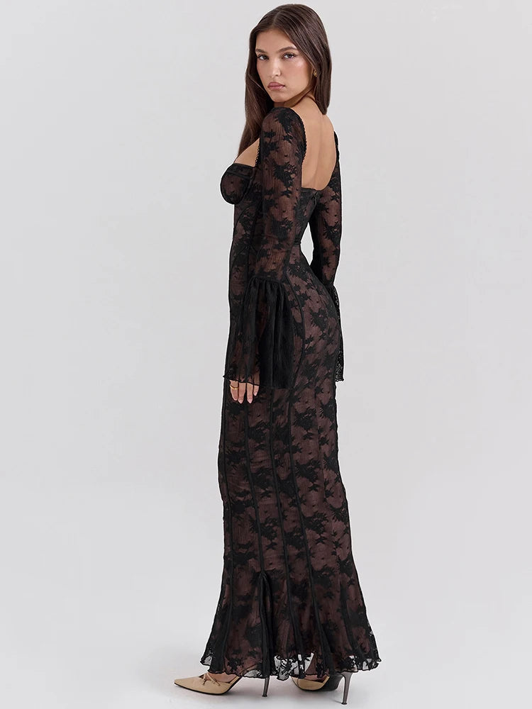 Lace Print Maxi Dress with Flare Sleeves and Backless Design