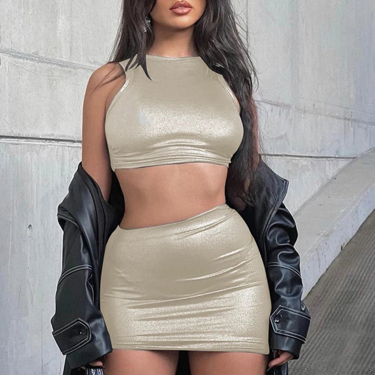 See Through Shiny Two Piece Set Women Waistless Tank Top and Skirt