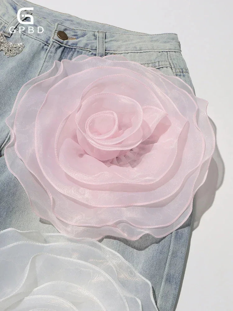 Jean droit ample taille haute avec applications de fleurs 3D 