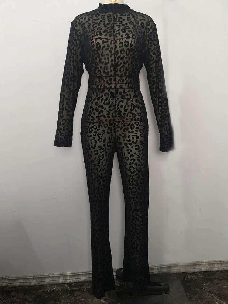 Leopard Print See-Through Gauze Jumpsuit with Wide Leg Pants