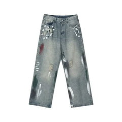 Men's Distressed Splash Ink Baggy Jeans – Loose Fit Streetwear Denim