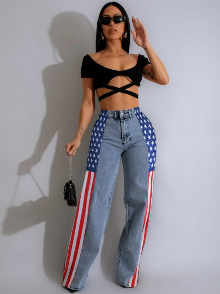 Casual Women’s Long Loose Denim Pants with Pockets and Stripes