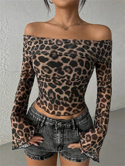 Off-Shoulder Leopard Mesh T-Shirt for Women - Long Sleeve Cropped Y2k Style