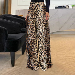 Women's High-Waisted Sequin Wide-Leg Leopard Print Pants