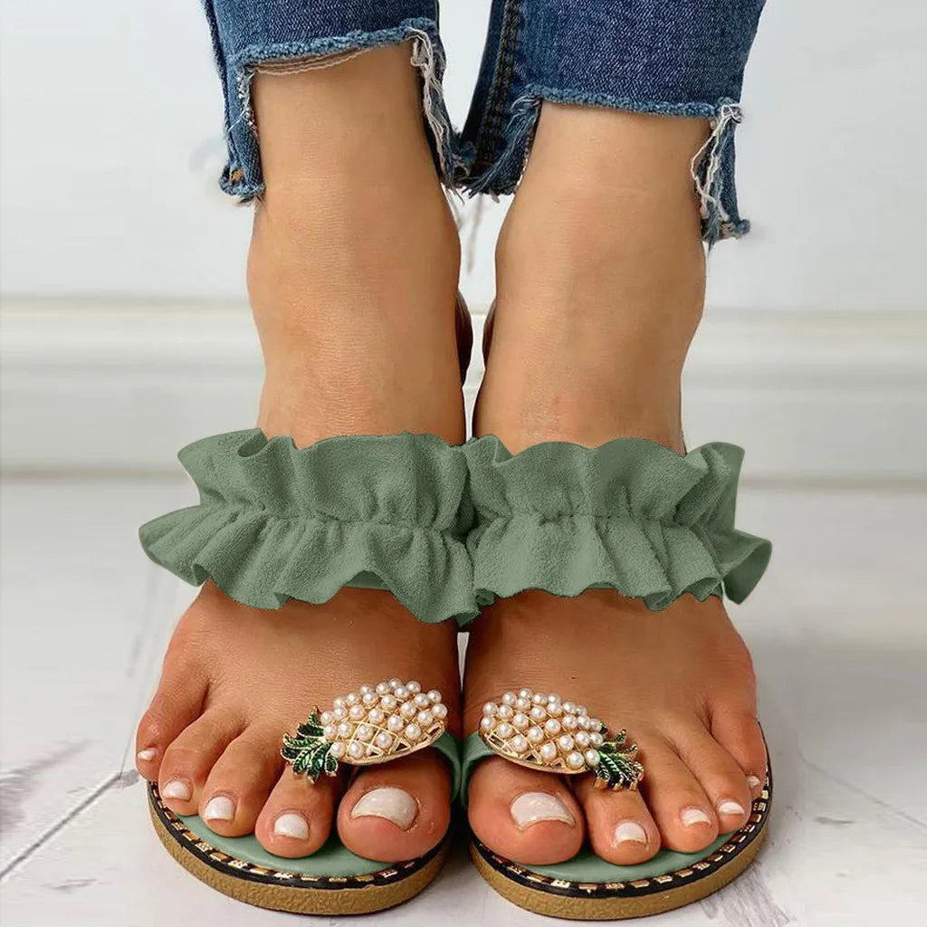 Women's Bohemian Pineapple Pearl Flat Toe Beach Sandals