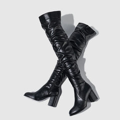 High Quality Soft Cozy Pleated Leather Women Over The Knee Boots