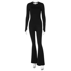 Women's Backless Solid Black Flare Pant Jumpsuit Romper