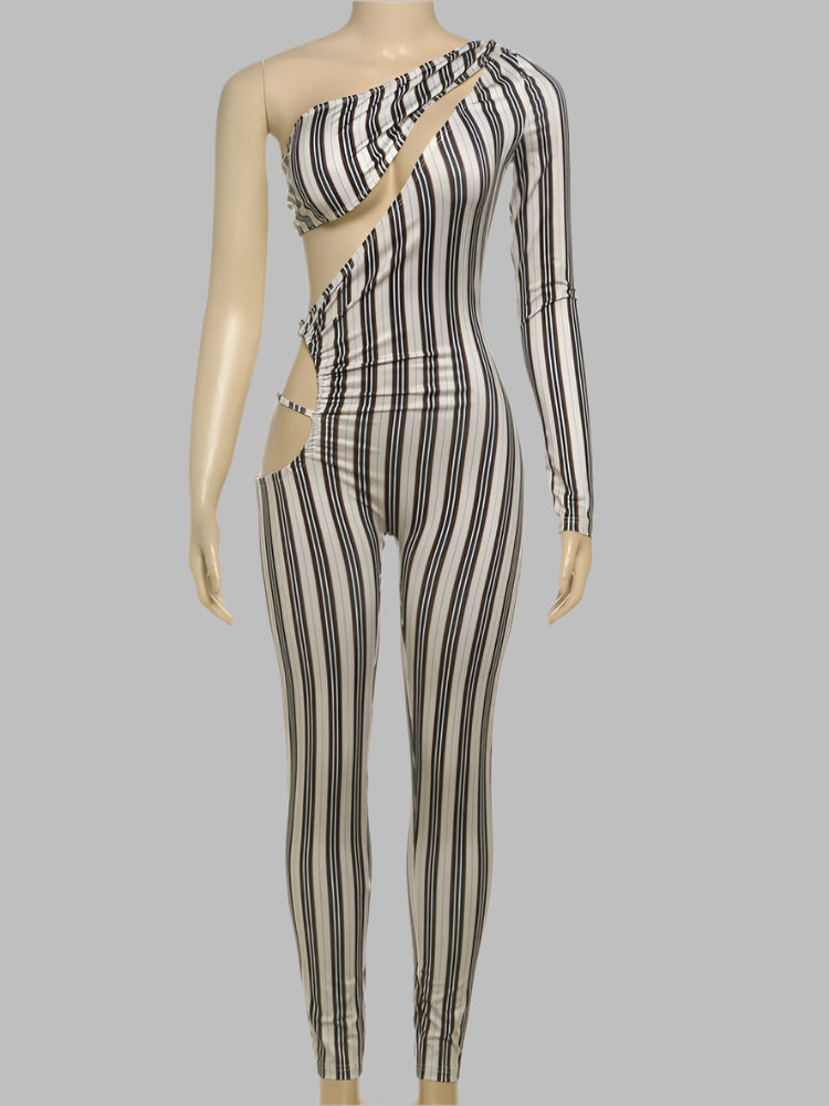 Hollow Ruched Jumpsuit for Women with Stripe Print Full Sleeve