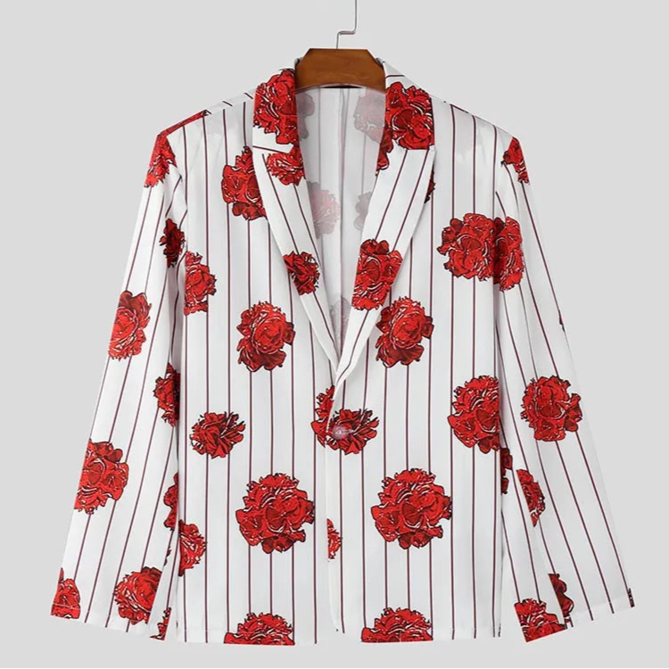 Costume blazer rayé à imprimé floral pour homme – Ensemble deux pièces tendance avec pantalon à jambe large