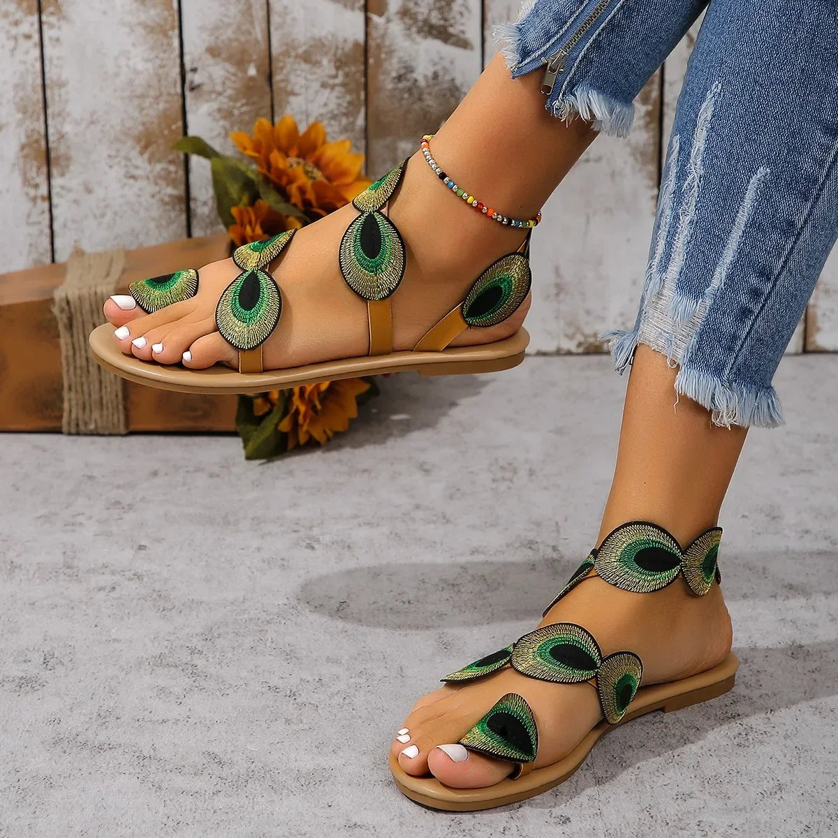 Yellow Embroidered Flower Flat Sandals for Summer