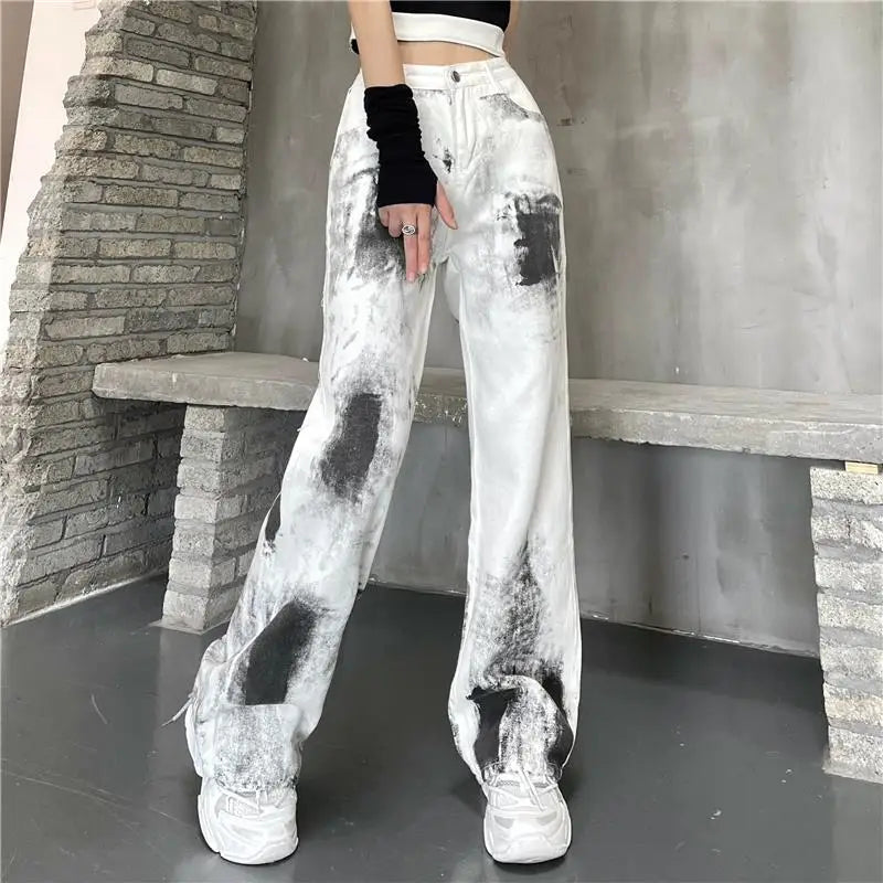 Simplicity Vintage Tie Dye Wide Leg Jeans with Multiple Pockets