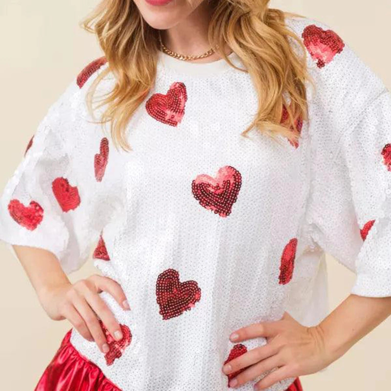 Women's Summer Casual Half Sleeve Sequins Heart T-Shirt