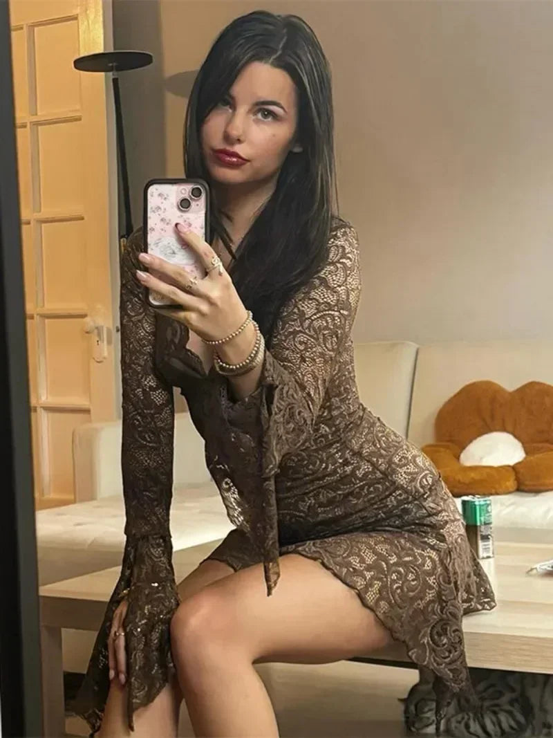 Women's V-Neck Lace Flare Sleeve Irregular Dress for Parties