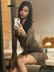Women's V-Neck Lace Flare Sleeve Irregular Dress for Parties