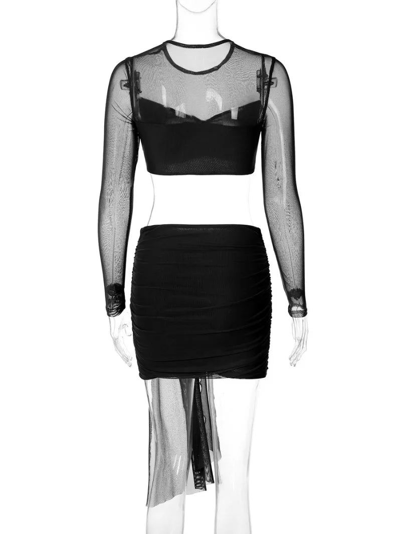 Women's Mesh Patchwork Cropped Top and Bandage Skirt Set