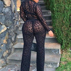 Leopard Print See-Through Gauze Jumpsuit with Wide Leg Pants