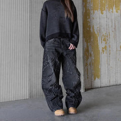 Oversized Unisex Baggy Jeans With Flame Embroidery Wide-Leg Pants