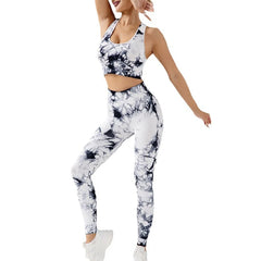 Ensemble de yoga sans coutures tie dye pêche avec pantalon rehaussant les hanches et soutien-gorge