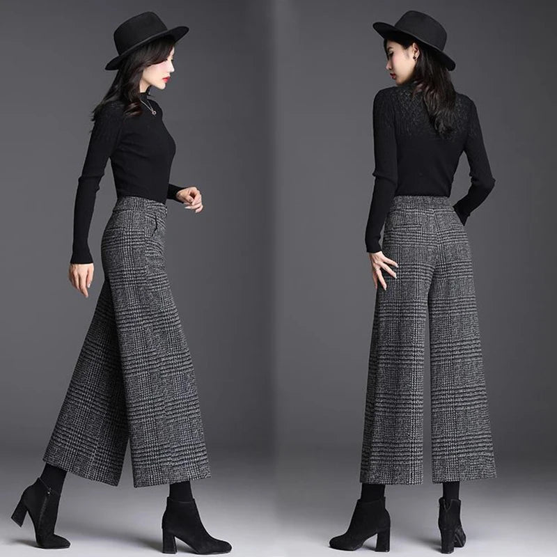 Autumn Winter Women's Woolen Plaid Wide Leg High Waist Pants