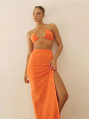 Bandage Cut Out Halter Neck Top and Skirt Set