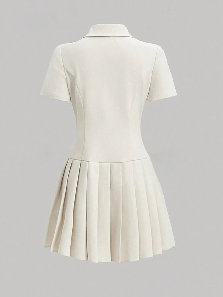Women's Elegant White Pleated Mini Dress with Lapel Neck and Short Sleeves
