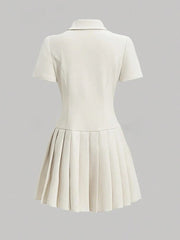 Women's Elegant White Pleated Mini Dress with Lapel Neck and Short Sleeves
