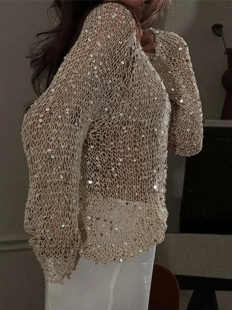 Fashion Sequin Knitted Hollow Out Sweater Women Elegant Long Sleeve Top