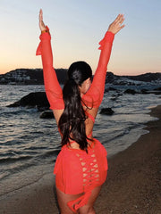 Women's Black Long Sleeve Backless Bandage Mesh Dress Set