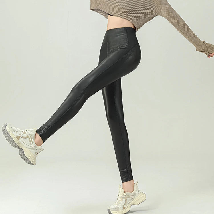 High Waist Black Fleece PU Leather Leggings for Women