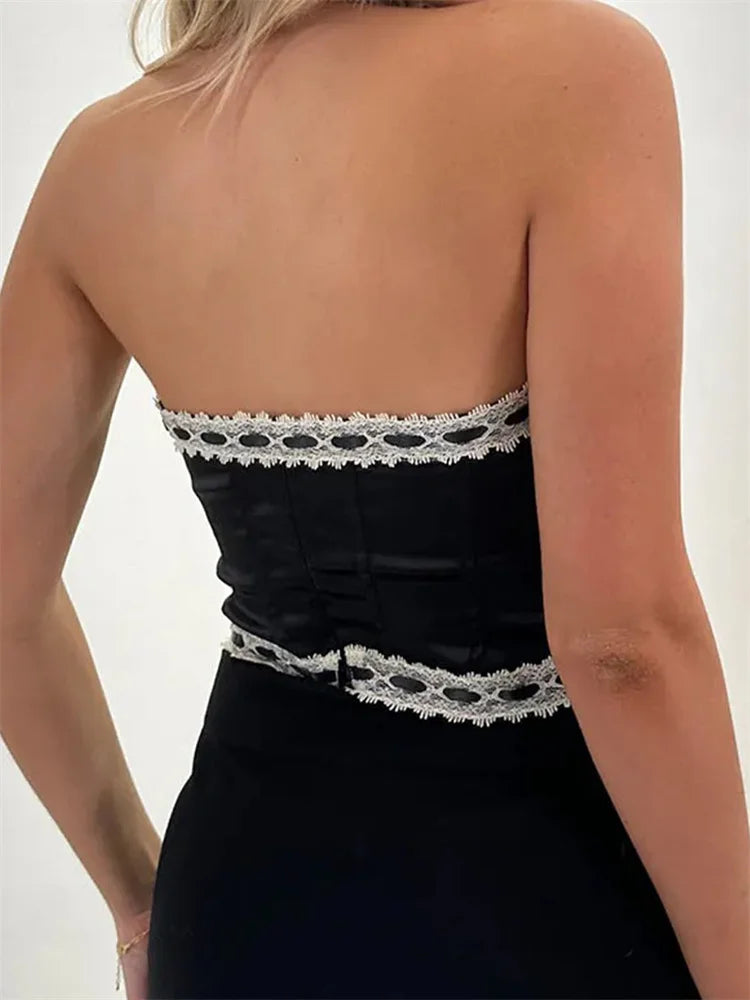 Women's Satin Slim Tube Top with Lace Trim and Bow Detail