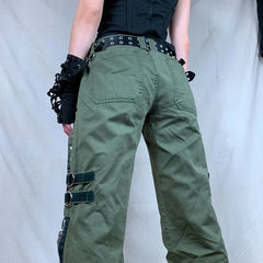 Women's Green Cargo Wide Leg Baggy Pants with Pockets and Zipper