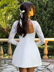 Elegant Backless A-Line Lace Patchwork Party Dress in White and Black