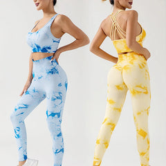 Ensemble de yoga sans coutures tie dye pêche avec pantalon rehaussant les hanches et soutien-gorge