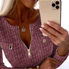 Fashion Woman Ribbed Casual Long Sleeve Button Zipper Top