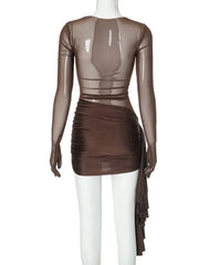 Women's Mesh Patchwork Bandage Long Sleeve Club Dress with Gloves