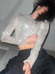 Glitter Sequin Long Sleeve Crop Top – High Street Fashion Statement Piece