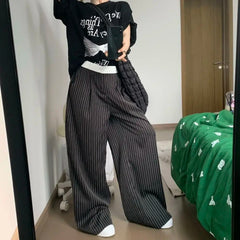 Women's Casual Striped High Waist Wide Leg Patchwork Pants