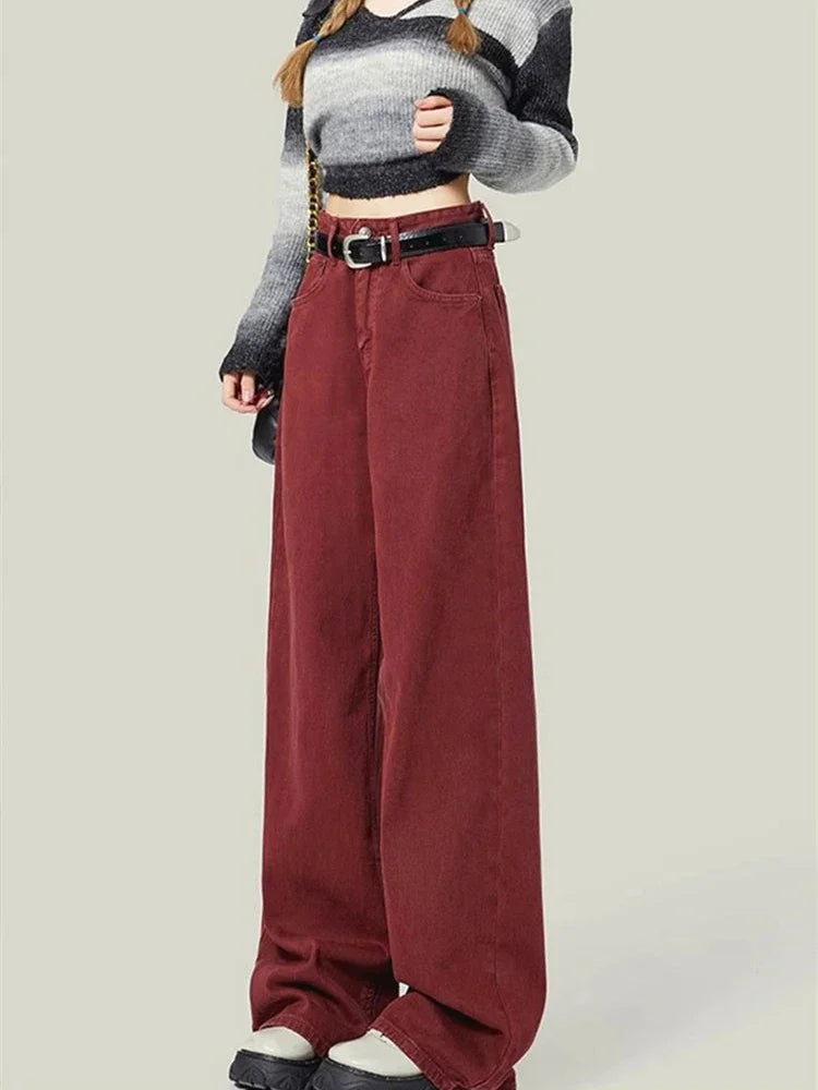 Women's High Waist Loose Straight Red Wide Leg Jeans