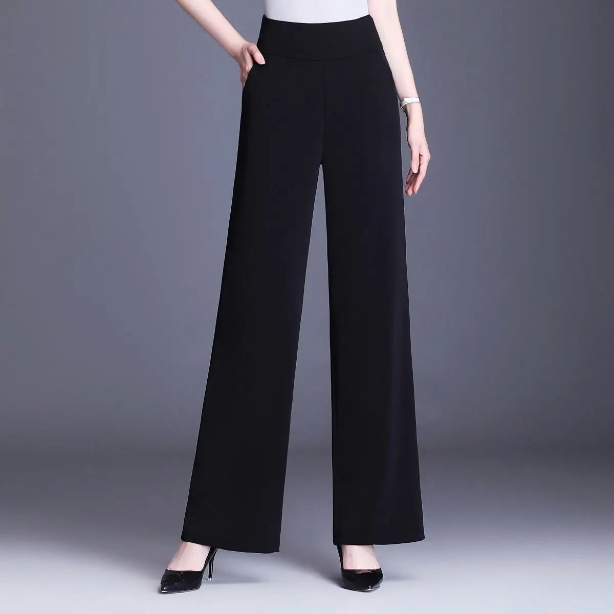 Pantalon taille haute à jambe large pour femme de bureau toutes saisons en noir 