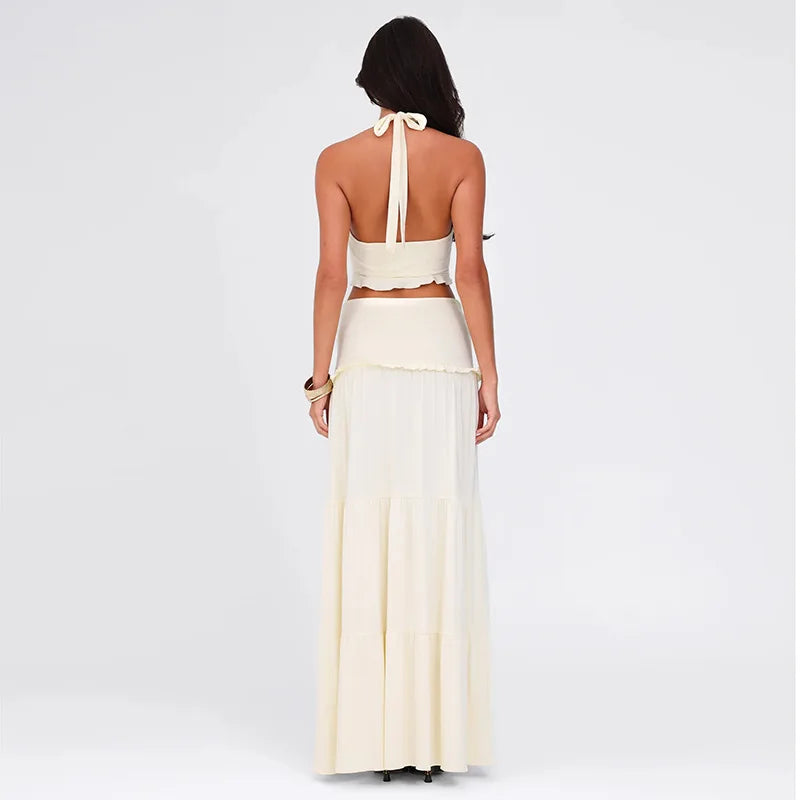 Elegant Two Piece Sets Sleeveless Frill Halter Top Dress