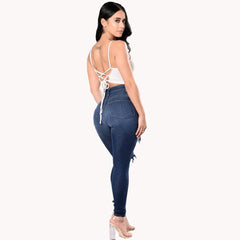 Pantalon décontracté en jean skinny extensible déchiré taille haute pour femme 