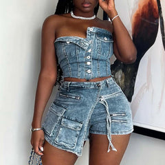 Women's Denim Stretch Irregular Shorts and Tube Top Set