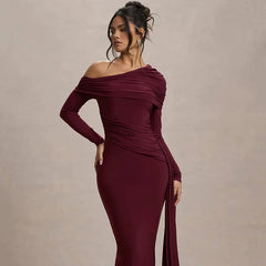 Skew Collar Long Sleeve Backless Draped Ruched Bodycon Maxi Dress