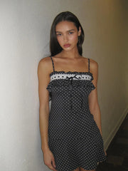Navy Blue Lace Patchwork Polka Dot Print Slip Dress for Women