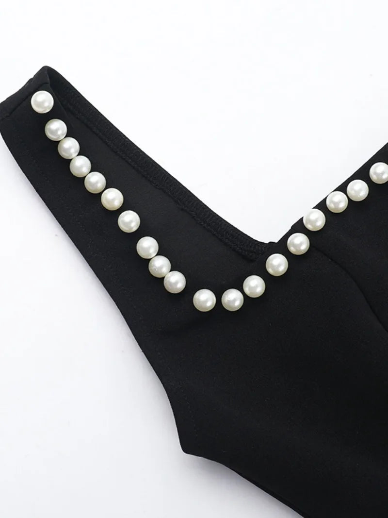 Womens Elegant Black A-line Beaded Party Dress with Square Collar