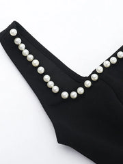 Womens Elegant Black A-line Beaded Party Dress with Square Collar