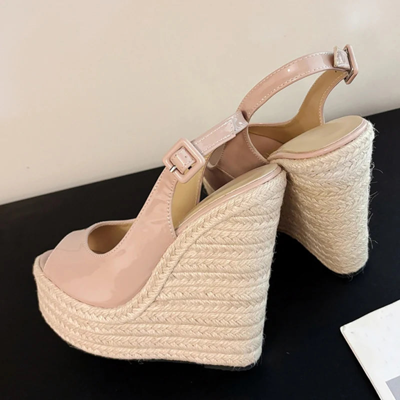 Women's Handmade Straw Rope Weave Peep Toe Wedge Sandals