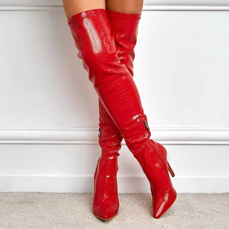 Bottes à talons aiguilles confortables en cuir rose au-dessus du genou pour femmes 